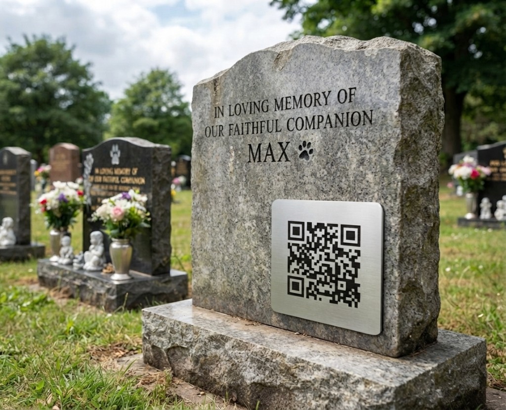Silver Memory Tag on a granite pet gravestone