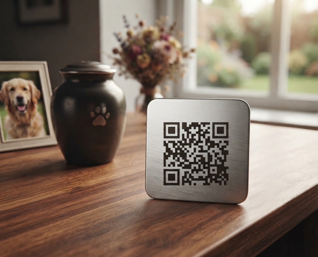 Silver Memory Tag on a wood table beside a pet urn and photo